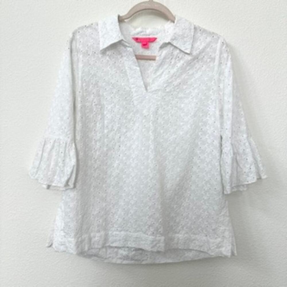Lilly Pulitzer White Eyelet Fish Pattern Top Size S - Excellent Condition‎